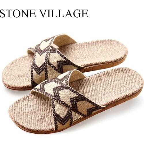 STONE VILLAGE High Quality New Summer Home Slippers Flax Men Slippers Mixed-Colors Indoor Shoes Lovers Non-Slip House Slippers