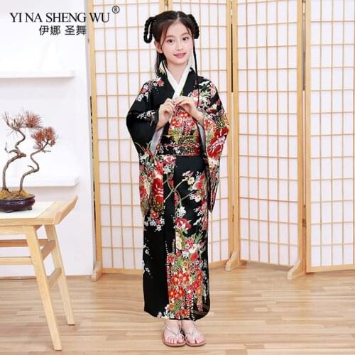 Japan Traditional Child Robe Satin Girls Yukata Kimono Bow-knot Yukata Childrens Print Dress Bridesmaid Costume Silk Kimono