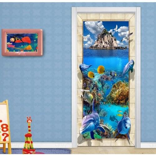 Kids Bedroom Underwater World Door Sticker PVC Self-Adhesive Waterproof Home Decoration Wall Decals Vinyl Wallpaper 3D Stickers