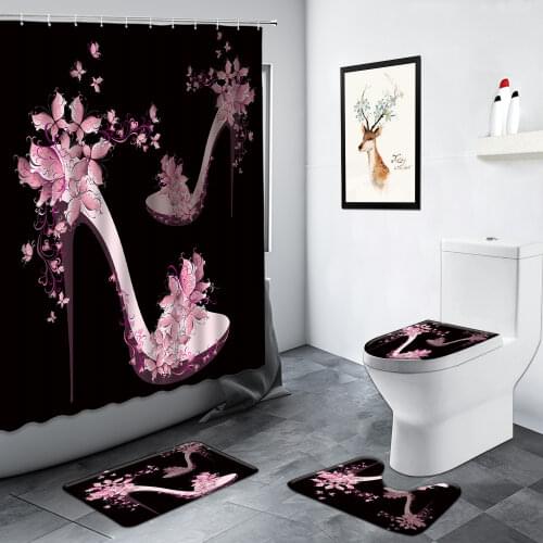 Diamond High Heel Shower Curtain Fashion Black Background Decor Bathroom Carpet Non-slip Door Mat Toilet Cover Rug Bath Mats Set