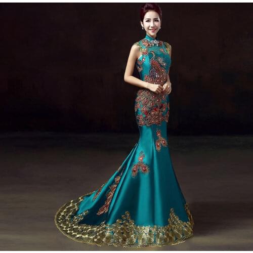 Green Luxury Embroidery Chinese Evening Dress Long Oriental Style Party Dresses Cheongsam Robe Chinoise Femme Qipao Customized