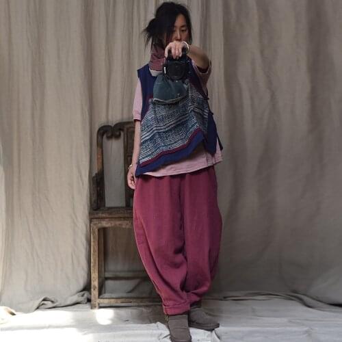 Women Solid Color Elastic Waist Plus Size Pants Ladies Oversized Vintage Wahsed Ramie Harem Trousers Female Retro Pants 2019