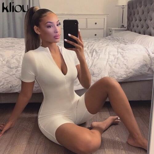 Kliou v-neck zipper romper women summer clothes summer short sleeve rompers fashion playsuits streetwear elastic hight female