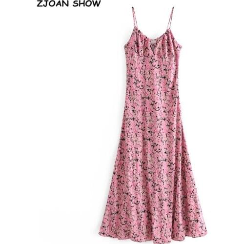2021 Bohemian Pink Floral Print Backless BOHO Dress Summer Holiday Woman Adjust Spaghetti Strap Dresses Beach Sling Vestidos