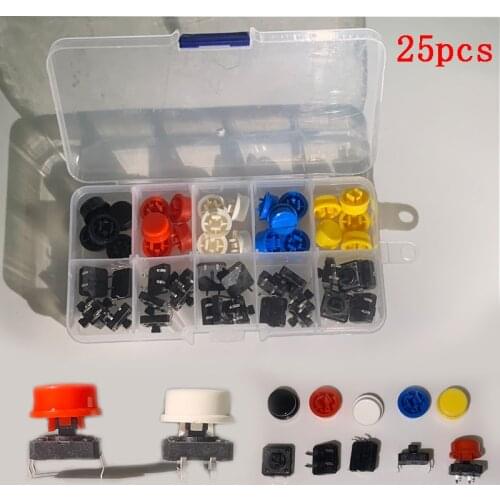25PCS/Box Tactile Push Button Switch Momentary 12*12*7.3MM Micro switch button + 25PCS Tact Cap 5 colors For Arduino Switch