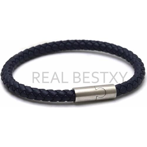 5pcs/lot engrave logo new Classic Style Men navy Leather Bracelet Simple Stainless Steel Button Neutral Accessories Hand-woven