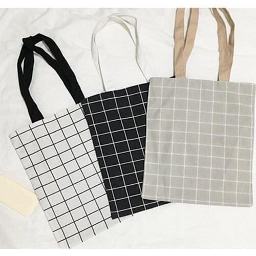 8PCS / LOT Women Shopping Bag Environmental Canvas Women Big Grid Reusable Tote Pouch Casual Folding Girls Simple Bag