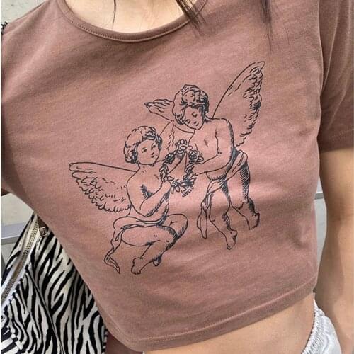 Angel Printed Short Sleeve Crop Tops Harajuku Women Summer Clothes Cute Print Streetwear Vintage 90s Ladies Sexy Skinny T-shirt