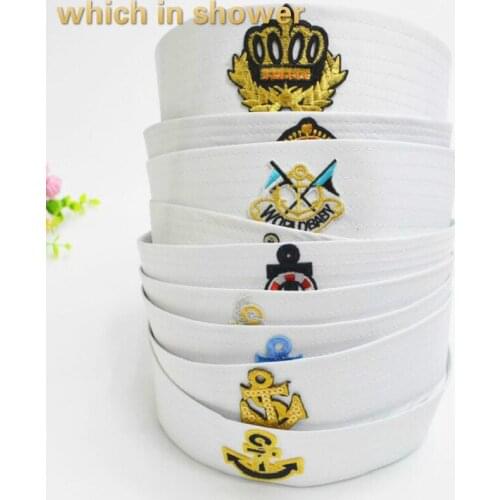 Which in shower white army cap for boy and girl stitched badge military hat women men sailor navy hat cotton cap military bones