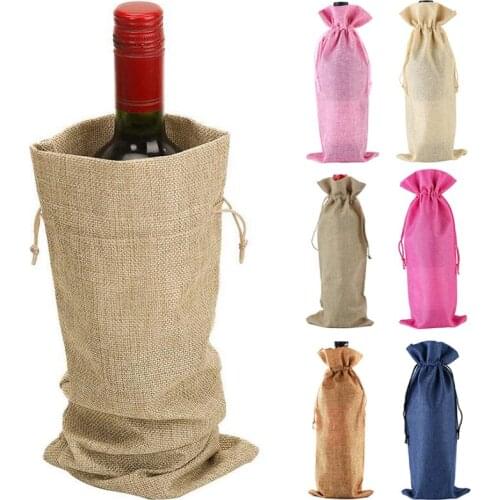 Jute Linen Wine Bottle Cover With Drawstring Solid Color Bag Burlap Packaging Pouches Wedding Christmas New Year Decoration