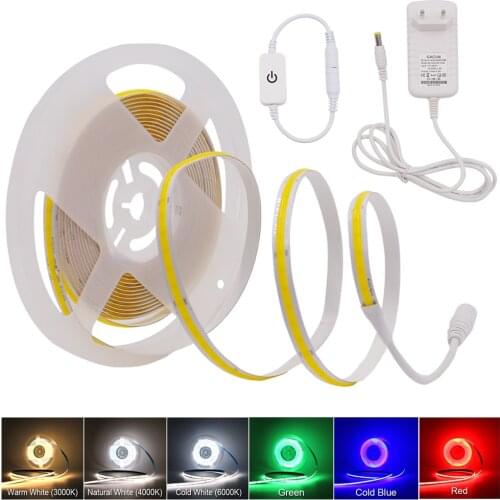 COB LED Strip with Touch Dimmer 320 384 528 LEDs High Density Led Tape Flexible FOB Linear Ribbon 12V 24V EU Plug Stairs Decor