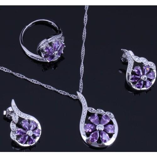 Flower Purple Cubic Zirconia White CZ Silver Plated Jewelry Sets Earrings Pendant Chain Ring V0318