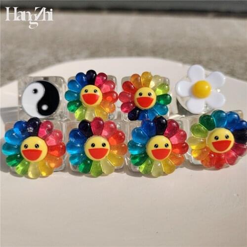 HANGZHI 2021 New Korean Summer Resin Rainbow Colorful Yellow Smiley Sunflower Yin Yang Rings for Women Party Jewelry Gifts