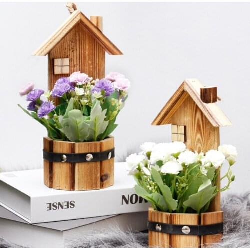 Artificial Lilac Flower Bonsai Simulation Portable Wooden House Fake Potted Plant Faux Silk Flower for Home Decoration