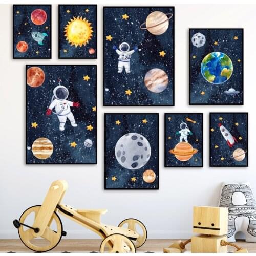 Space Astronaut Rocket Planet Moon Sun Wall Art Print Canvas Painting Nordic Poster Nursery Wall Pictures Baby Kids Room Decor