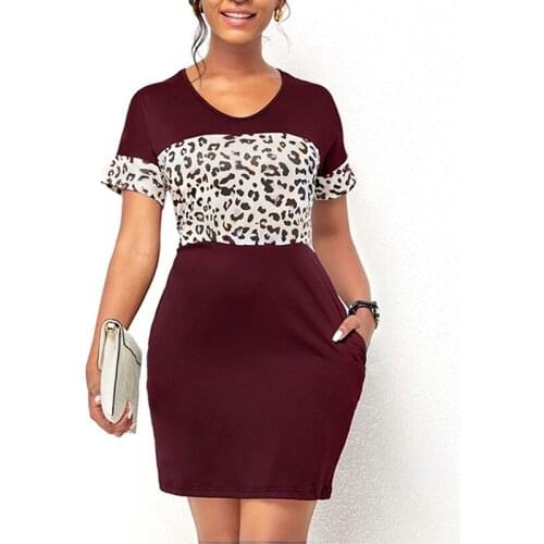 OTEN Summer Womens Casual Stitching Leopard T-shirt Dress Fashion Retro Loose Short Sleeve Tee Dresses Tops Blusa with Pocket