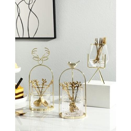 Metal Frame Glass Tableware Storage Jar Household Stainless Steel Spoon Fork Tableware Storage Jar Desktop Decoration Decoration