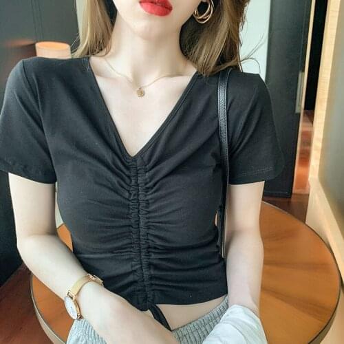 FashionV-neck sexy drawstring top womens 2021 spring and autumn womens wear high waist short open navel T-shirt