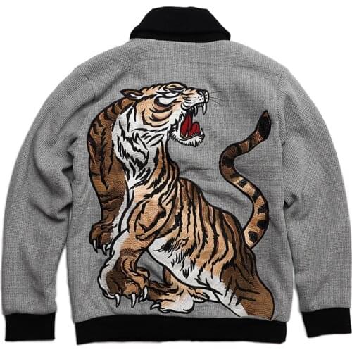 Men Boys Chinese Style Turn-down Heavy Work Tiger Embroidered Waffle Knitted Sweaters Cardigan Coats High Street Streetwear L