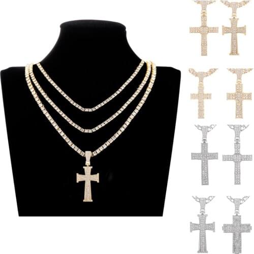 2021 Men Women Hip Hop Cross Pendant Necklace with 4mm Zircon Tennis Chain Iced out Bling Necklaces HipHop Jewelry Gift A