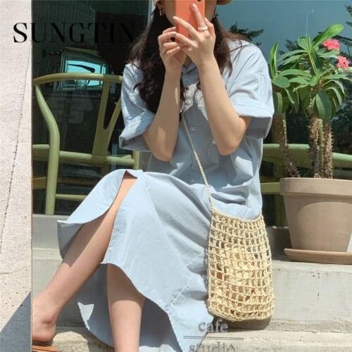 Sungtin Casual Cotton and Linen Straight Loose Shirt Dress Women Summer Regular Solid Empire Long Dress Fashion Vestido Oversize