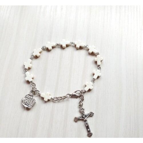 QIGO White Cross Rosary Bracelet Stone Beads Strand Bracelets Religious Jewelry