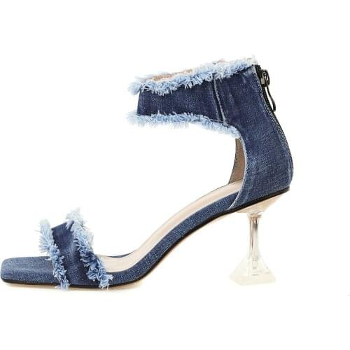MKKHOU Fashion Sandals Women New Summer Shoes Simple Denim Flat Open Toe Crystal Heel 7cm High Heel Ladies Open Shoes Large Size