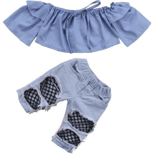 New Toddler Infant Baby Girls Off Shoulder Solid Tops Denim and Hole Pants Outfits Clothes Casual