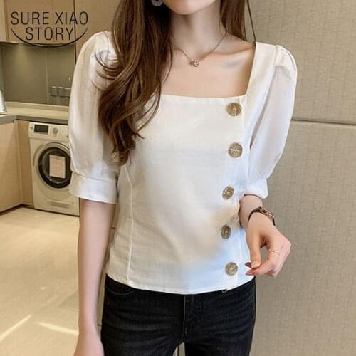 2020 Vintage Linen Cotton Shirt Womans Blouses Korean Slim Ropa De Mujer Short Sleeve Top Puff Sleeve Solid Button Shirts 9637