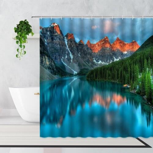 3D Mountain Peak Lake Reflection Shower Curtains Forest Stone Natural Landscape Home Decor Background Waterproof Bath Curtain