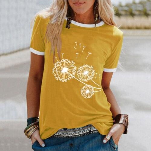 6612 Womens T-Shirts Unique Design Patchwork Dandelion Printed Slim-Fit O-Neck 6 Colors Short Sleeve Fashion Casual Chic Tees