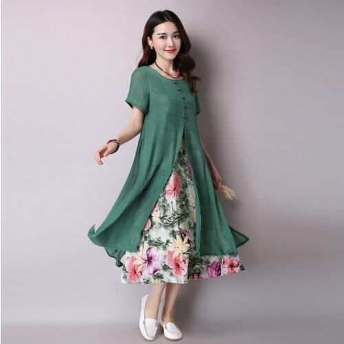 Women 2021 Summer Casual Loose Short Button A-line Party Dress Vintage O-neck Patchwork Fake Two Print Elegant Dress Vestidos
