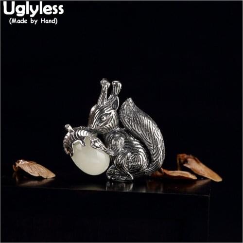 Uglyless 100% Real Solid 925 Sterling Silver Handmade Squirrel Pendants for Women Lovely Jade Pine Nuts Necklaces NO Chains Gems