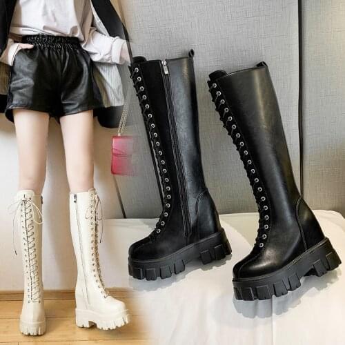 2020 New fashion Lacing Up Knee High Winter Boots Women Cosplay Shoes White Black Square Heels Shoes Leather Footwear Size 34-39