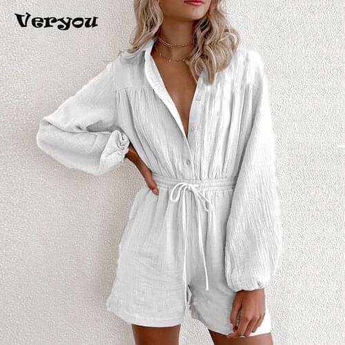 2021 Fashion Casual Single Breasted Button Jumpsuit Women Elegant Solid Elastic Waist Drawstring Short Rompers Lady Overalls