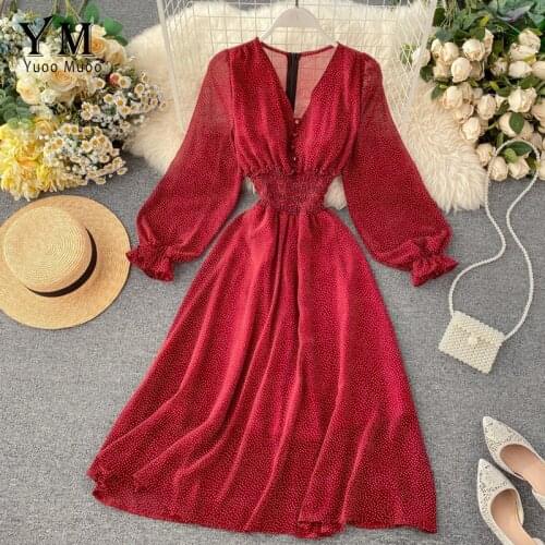 YuooMuoo Polka Dot Dress Women Red V Neck Long Party Dress Lantern Sleeve Slim Waist Autumn Chiffon Dress Sundress Vestidos