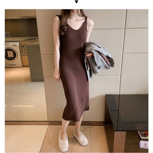 New Summer Temperament Slim Sling Knit Dress WomenS Thin Base Long Skirt Vest Skirt
