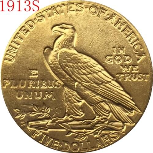 24-K gold plated 1913-S $5 GOLD Indian Half Eagle Coin Copy Free shipping