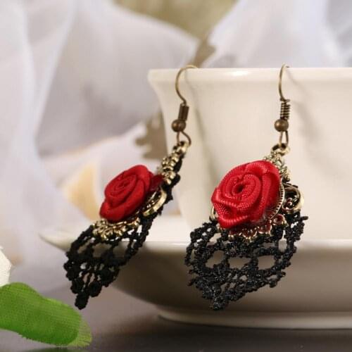 1 Pair Vintage Gothic Vampire Palace Hollow Black Lace Red Flowers Dangle Women Earrings