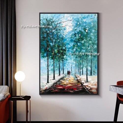Handmade Oil painting green Tree Scenery Oil Painting on Canvas Scandinavian Modern Wall Art Picture for Living Room