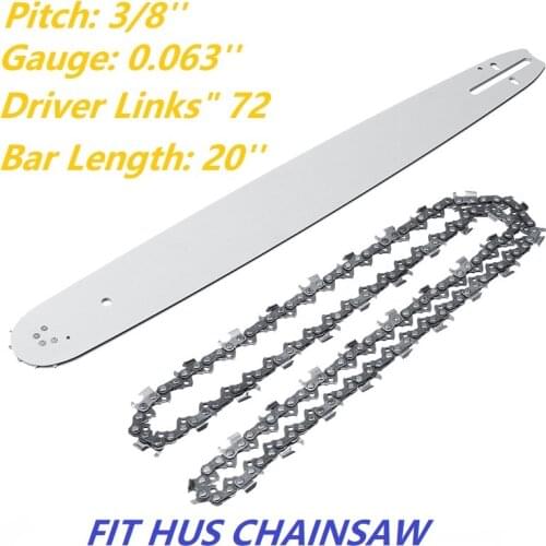 20 Inch Chainsaw Guide Bar & Wood Cutting Saw Chain 3/8'' 72DL 72 Driver Links .063" Gauge Fit Husqvarna 362 365 372 & More