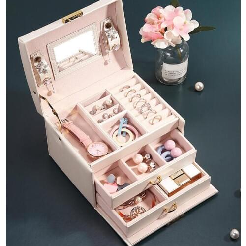 Women 3 Layers 2 Drawers Necklace Jewelry Cosmetics Organizer Holder Storage Case