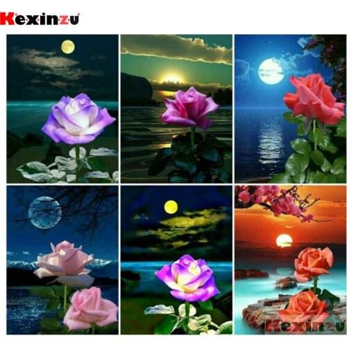 Kexinzu DIY Mosaic Full Square Diamond Embroidery Lotus Moon Lake Sale Picture Of Rhinestone Flower Diamond Painting Home Decor