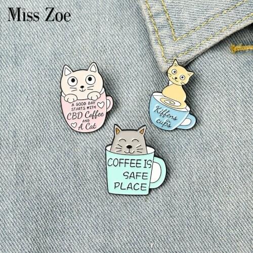 Coffee Cats Enamel Pins Custom Catpuccino Kitten Cups Brooch Bag Clothes Lapel Pin Pet Badge Animal Jewelry Gift for Friends
