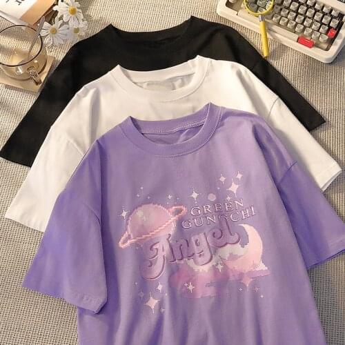 Angel Letter Streetwear Vintage Tops Summer Harajuku Casual Loose Hip-Hop Planet Moon Print Japan JK Girls Cotton Women T-shirt