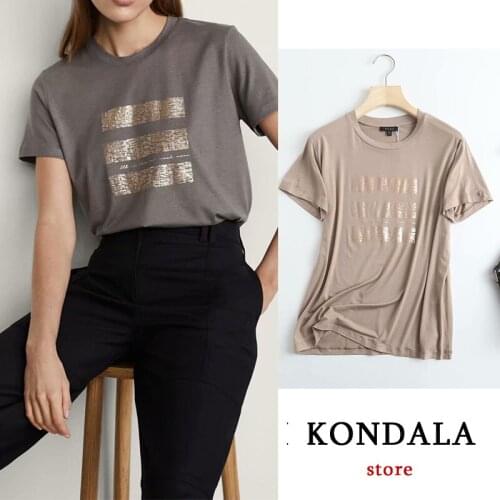 Za Oversized Cotton Women T-Shirts Fashion 2021 Vintage Loose Long Tee Shirts Mujer Y2K Golden Print Office Wear Chic Mujer Tops