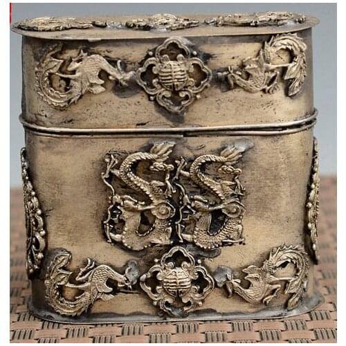 Exquisite Chinese old-style Tibetan silver Dragon Phoenix Statue Toothpick Box, Cigarettes Case