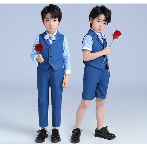 Fashion Kids Boys Blue 4pcs(Strap/Vest+Pants+Shirts+Bow tie) for Wedding Groom/Show/Performance/Birthday Wearing Blazer Suit Set