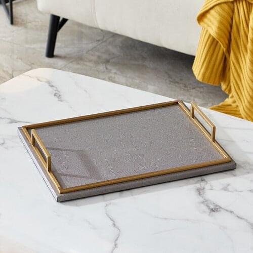 European Modern Luxury Rectangle Shape Grey Leather Tray Set In Small Large Sizes With Gold Color Iron Frame Flat Surface Handle