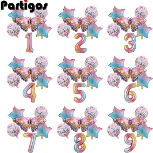 6pcs Coulourful Butterfly Number Balloons Set Pink Blue Butterfly Balloon 30inch Rainbow Helium Number Ball Birthday Decoration